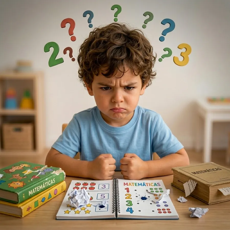 Niño frustrado intentando entender matemáticas
